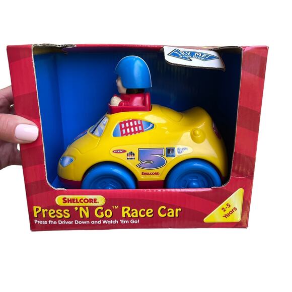 Vintage Shelcore Press N Go Race Car Toy 2001 #5 Yellow Racing Vehicle NOS - Picture 1 of 12